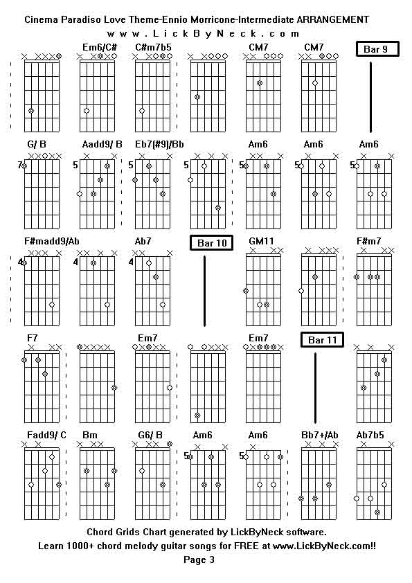 Chord Grids Chart of chord melody fingerstyle guitar song-Cinema Paradiso Love Theme-Ennio Morricone-Intermediate ARRANGEMENT,generated by LickByNeck software.